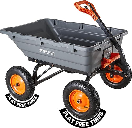 VEVOR 10 Cu.Ft 1500LBS Poly Garden Cart Dump Wagon, Heavy Duty Wheelbarrow with Convertible Handle and 16" Flat Free Tires, Outdoor Yard Wagon ATV Trailer Dump Cart Tow Behind for Lawn Mower Tractor