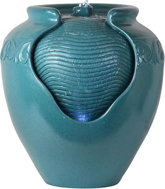 Teamson Home Floor Glazed Pot Water Fountain with Built-in LED Light and Pump for Outdoor Indoor Patio Garden Backyard Decking Home Décor, 17 inch Height, Teal