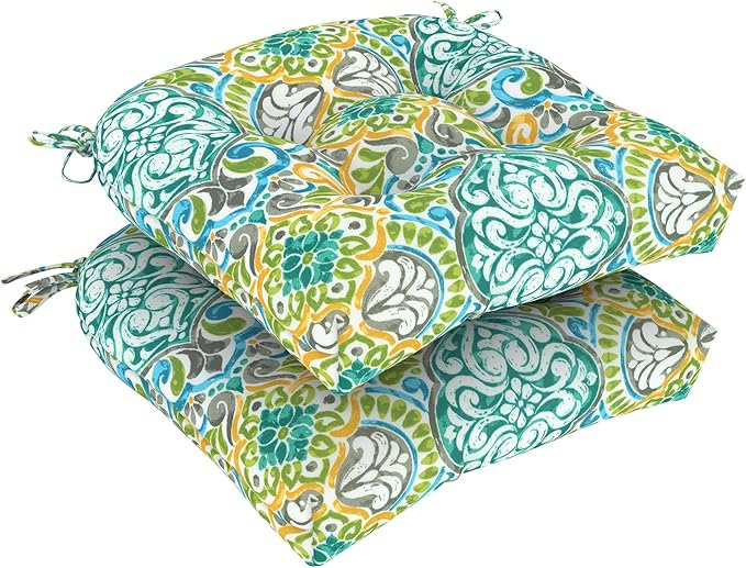 DYTXIII Set of 2 Outdoor Chair Cushions 19"x19"x4", Water Repellent Tufted Patio Seat Cushions with Ties, Thick Replacement Pads for Wicker Dining Chairs, Patio Furniture, Damask Green