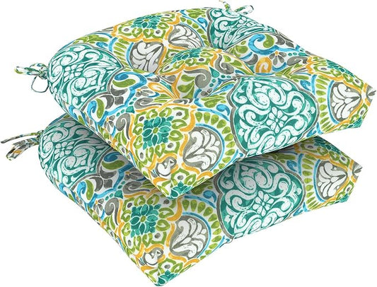 DYTXIII Set of 2 Outdoor Chair Cushions 19"x19"x4", Water Repellent Tufted Patio Seat Cushions with Ties, Thick Replacement Pads for Wicker Dining Chairs, Patio Furniture, Damask Green