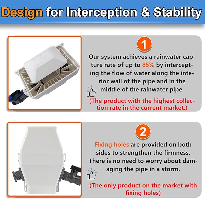 Rainwater Collection System, Rain Diverter for 2x3”and 3x4” Standard Downspouts, with PVC 3/4 Spigot and Filtration, White