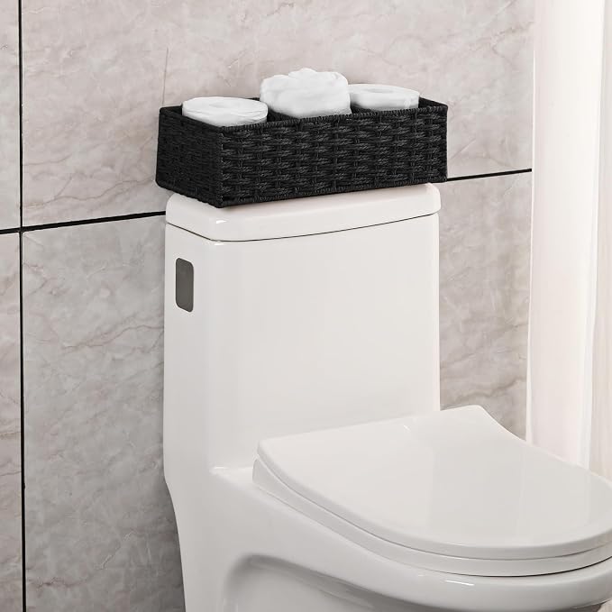 Vagusicc 3 Section Wicker Storage Basket, Hand-Woven Paper Rope Wicker Baskets for Organizing, Toilet Tank Basket, Black Baskets for Bathroom, 2-Pack, Black