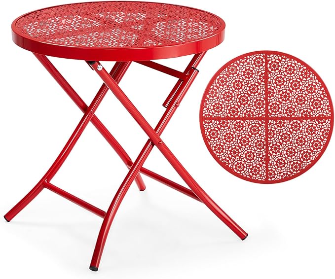VINGLI Outdoor Folding Side Table with Chic Hollow Pattern and Durable, Rust-Resistant Coated Iron Patio Bistro Table Suitable for Indoor & Outdoor Porch, Deck, Balcony and Pool,Red
