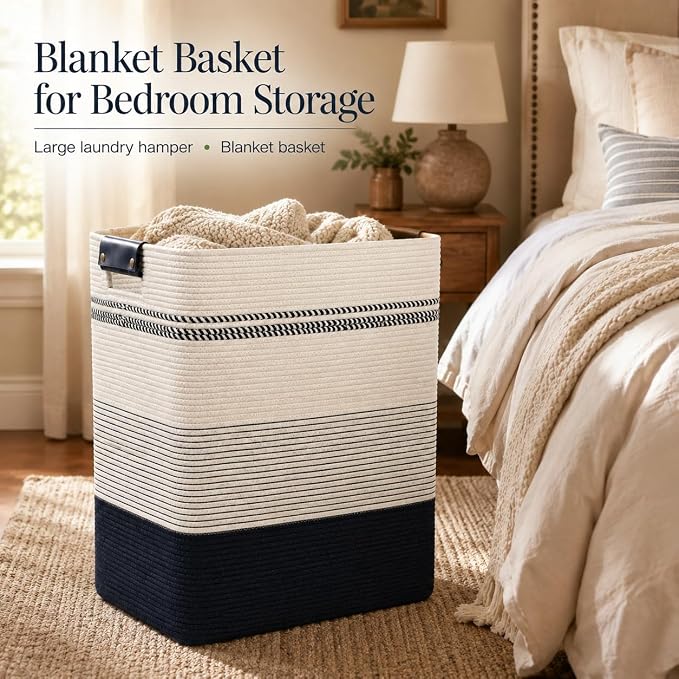 Laundry Hamper, Cotton Rope Laundry Basket with Leather Handles, 25.1-Gallon/95 L Large Clothes Hampers for Laundry, Woven Laundry Baskets for Blankets, Clothing, Bedroom, Living Room, Nursery