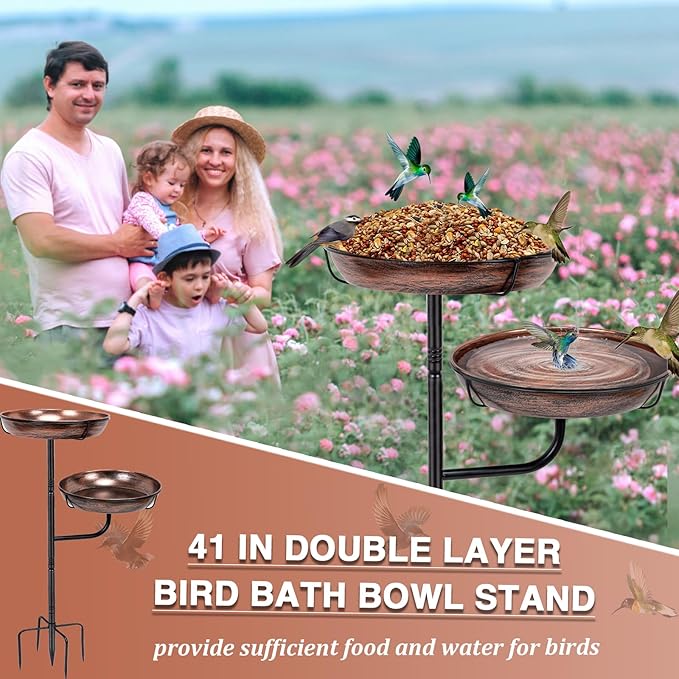 Metal Bird Bath for Outside, 41in Standing Bird Bath Feeder Bowl, Outdoor Freestanding Birdbaths Bowl, Double-Layer Bowl Bird Bath Stand for Garden Yard Patio Outdoor Decor, Upgraded 5-Pronged Base