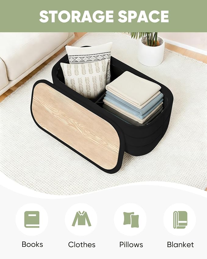 B FSOBEIIALEO 30" Velvet Storage Ottoman Long Bench with Tray, Black | Folding Ottoman with Storage, Coffee Table Shoes Storage Bench for Bedroom, Living Room