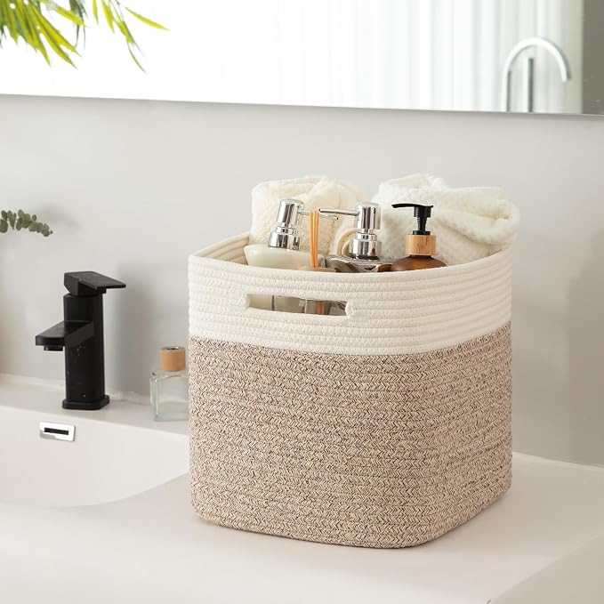OIAHOMY Cube Storage Basket, 3-Pack Woven Cotton Rope Baskets, 11-Inch Cube Basket with Handles, Great for Shelves, Closets, Children's Toy Organization - White & Brown