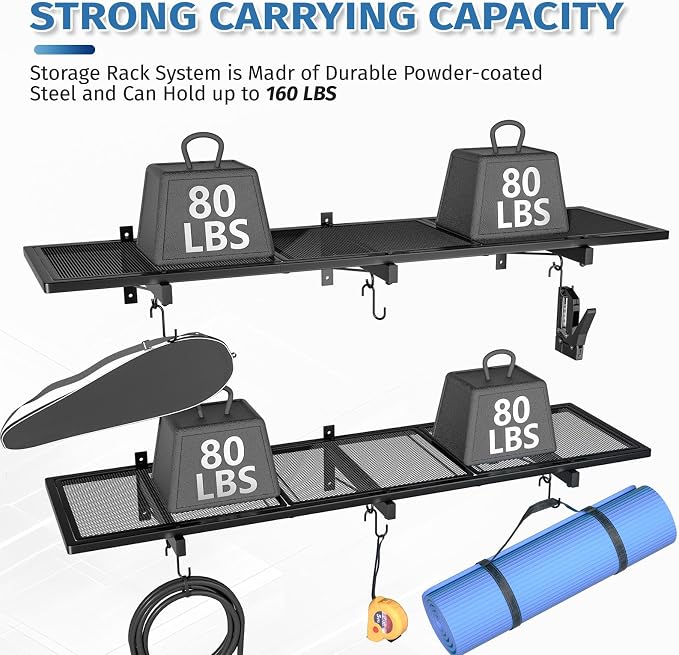 Garage Wall Shelving,46"X 12.5" Garage Shelving Wall Mounted,Heavy Duty Garage Storage Rack with 4 Hooks,160 LBS Capacity,Black Metal Floating Organizer Shelves for Warehouse (1)