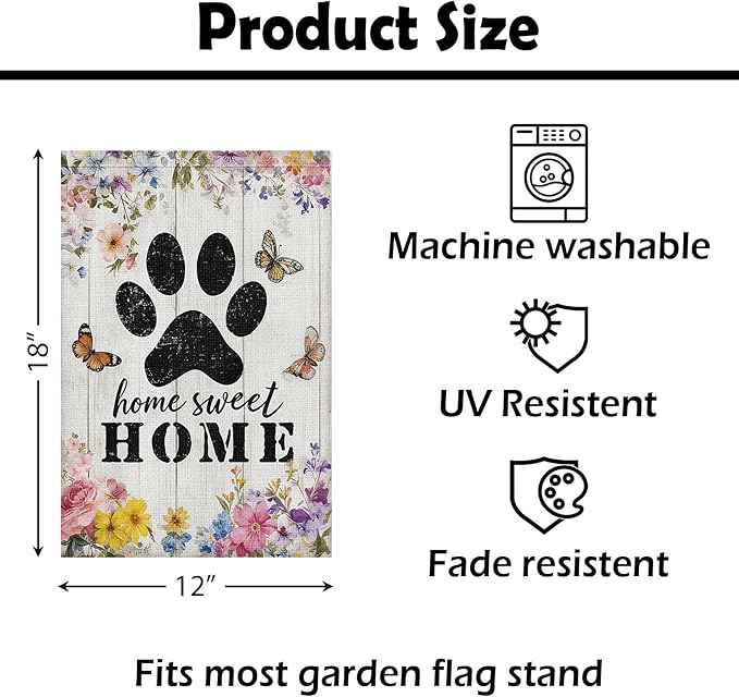 Heyfibro Spring Home Sweet Home Garden Flag 12x18 Inch Double Sided Floral Garden Flag Seasonal Small Paw Print House Flags for Outside Yard Farmhouse Spring Outdoor Decorations