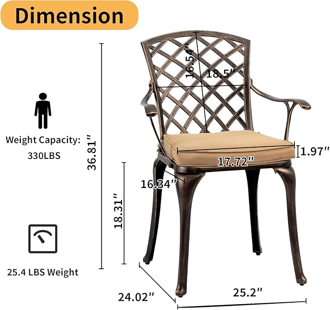 VINGLI Patio Chairs Set of 2, All-Weather Cast Aluminum Outdoor Dining Chairs with Cushion, Metal Armchairs for Poolside, Backyard, Balcony
