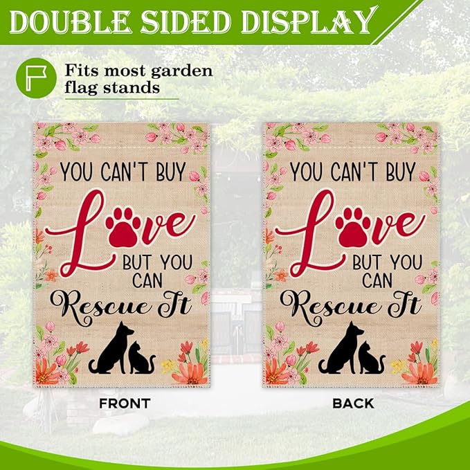 Hafhue You Can't Buy Love But You Can Rescue It Garden Flag, 12 x 18 Inch Double Sided Pet Rescue Yard Garden Lawn Patio Decor Flag, Adoption Awareness Outdoor Banner for Pet Lover Animal Rescuer