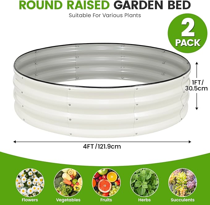 Galvanized Raised Garden Bed Outdoor 2Pcs | 4x4x1ft Metal Raised Beds for Gardening with Safety Rubber Strip | Round Planter Box for Plants Like Vegetables Fruits Flowers, White