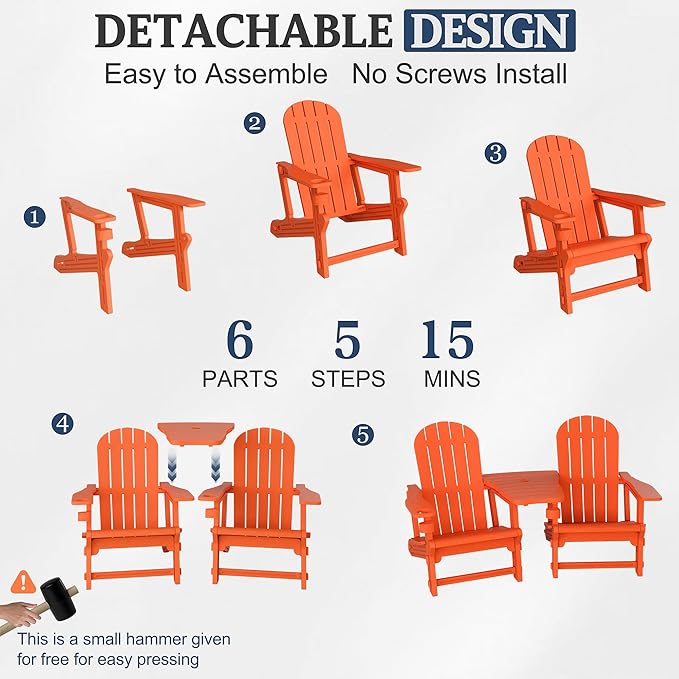 Vongrasig Adirondack Chairs Set of 2 with Removable Tabletop, Outdoor HDPE Plastic Fire Pit Chair Set with Wooden Textured, Cup Holder for Patio, Poolside, Deck, Garden, Orange, 3 Pieces