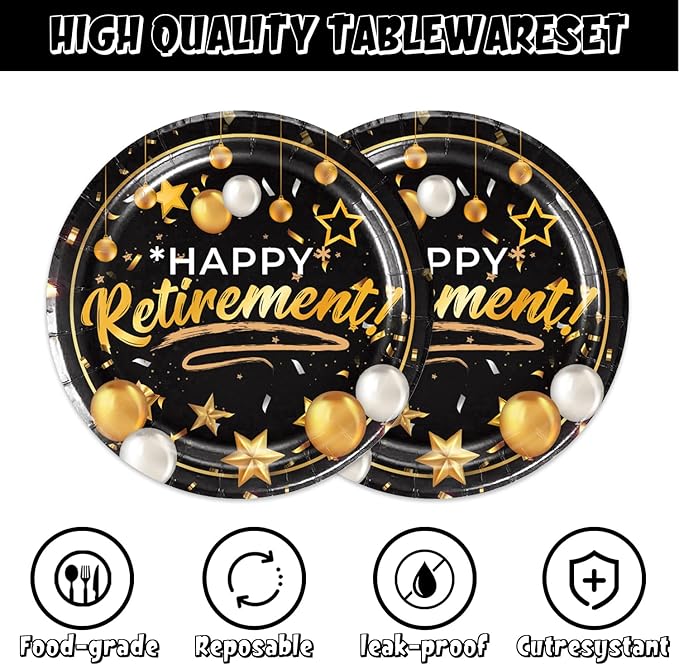 48Pcs Black and Gold Retirement Party Supplies Happy Retirement Party Plates Napkins and Forks Decorations Set for 16 Guests