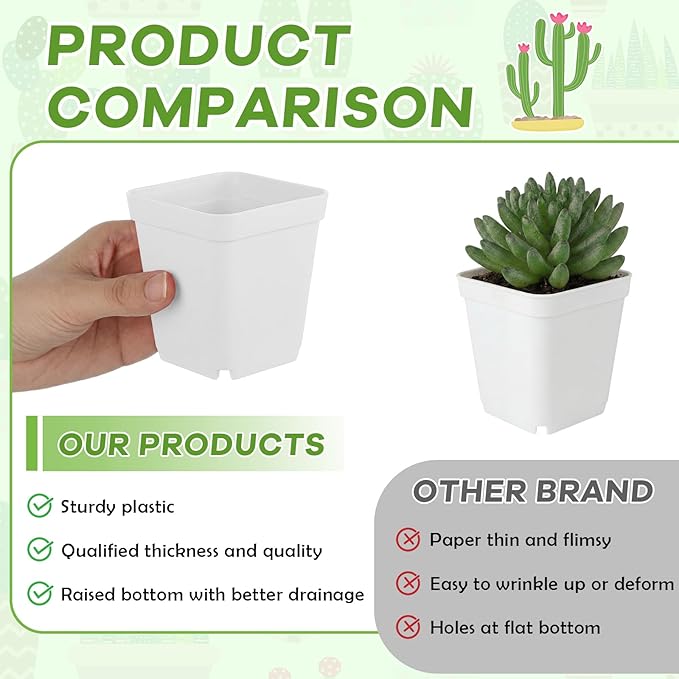 Yaomiao 200 Pack 3 Inch White Nursery Pot Square Flower Pots Plastic Plant Succulent Planter Seed Starting Pots with Drainage Holes for Garden Office Balcony Decor Indoor Outdoor Plant Seedling
