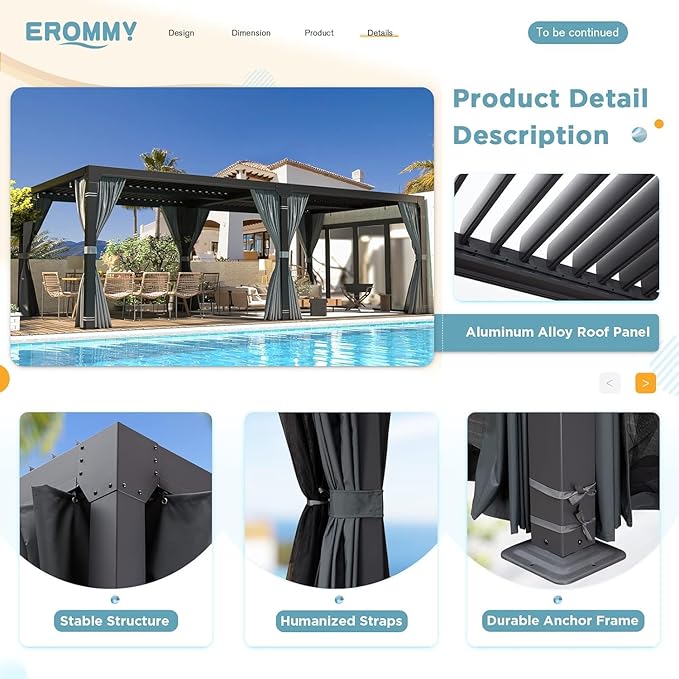 EROMMY Louvered Pergola 12x20, Outdoor Aluminum Pergola with Adjustable Rainproof Roof for Garden, Patio, Deck, Waterproof Curtains and Netting Included, Gray-Black