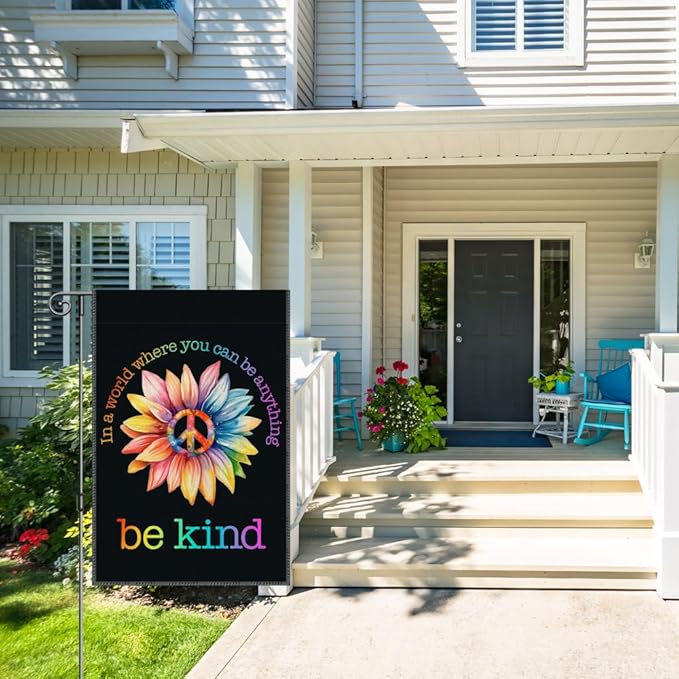 Perfectinsoy In A World Where You Can Be Anything Be Kind Retro Garden Flag, World Peace Garden Banner, Colorful Community Welcome Yard Home Holiday Indoors Outdoors Patio Decor, Daisy Front Yard Sign