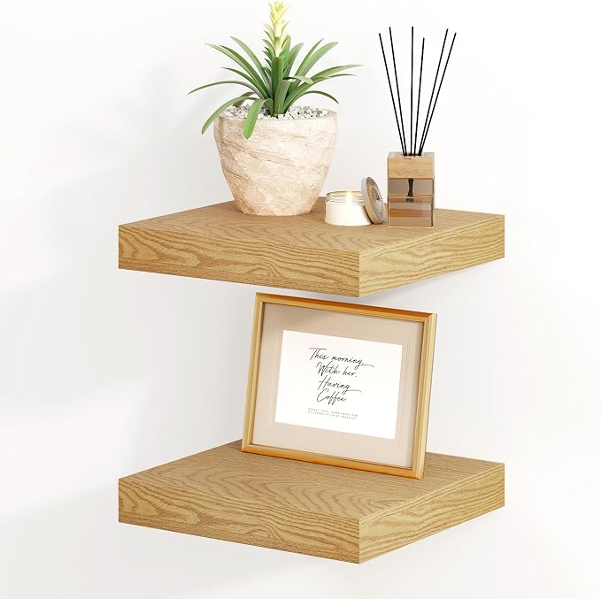 Fun Memories Floating Shelves, 8 Inch Deep Floating Shelves for Wall, 8 x 8 Wall Shelves, Rustic Wood Floating Shelf for Living Room, Bedroom, Bathroom, Oak Color, Set of 2