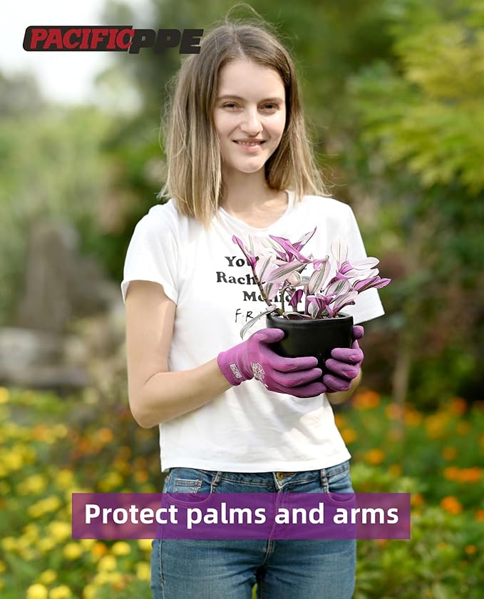 PACIFIC PPE 3 Pairs Gardening Gloves for women, Rubber Coated Garden Gloves, Ladies Yard Work Gloves, Breathable, Purple & Yellow & Red, Medium