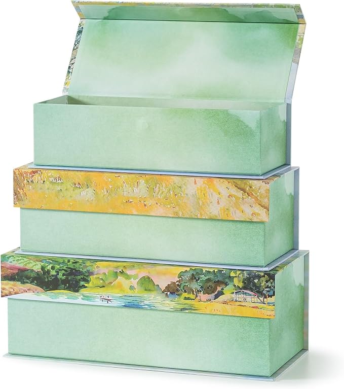 Soul & Lane Decorative Storage Boxes with Lids, Pastoral Tranquility | Set of 3, Cardboard, Magnetic Closure, For Home Décor & Documents, Memory Organizers for Keepsakes & Photos