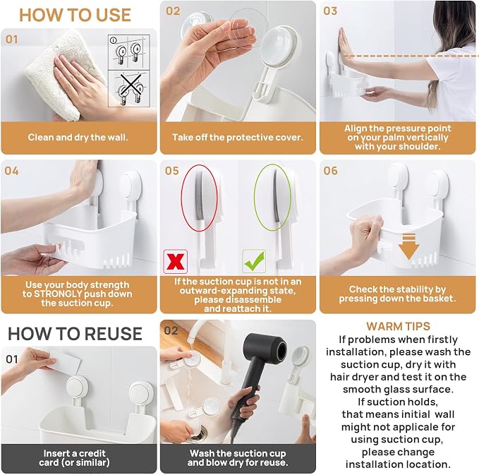 LEVERLOC Shower Caddy Suction Cup, Shower Organizer Removable Bathroom Shelf, Storage Suction Powerful Max Hold 22lbs Bathroom Caddy Waterproof Holder, White