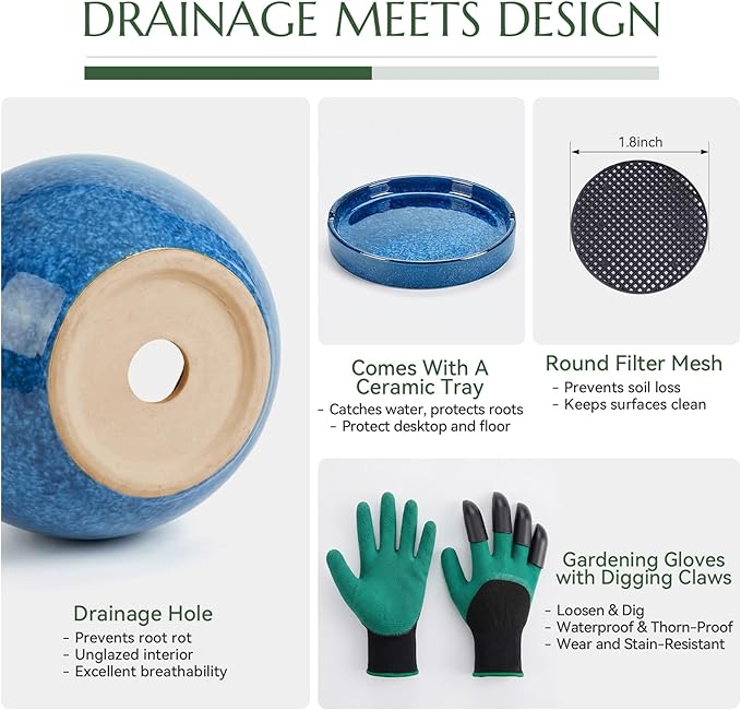 8.3 Inch Ceramic Planter with Saucer Leak-Proof Mesh &Drainage, Round Plant Pot with Gardening Gloves for Indoor Outdoor Plants (Sapphire Blue Glaze)