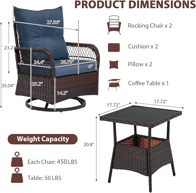 MELLCOM 3 Piece Patio Set, Outdoor Swivel Rocker Patio Chairs with Thick Cushions and Glass Table for Balcony Front Porch Poolside Garden Deck, Blue
