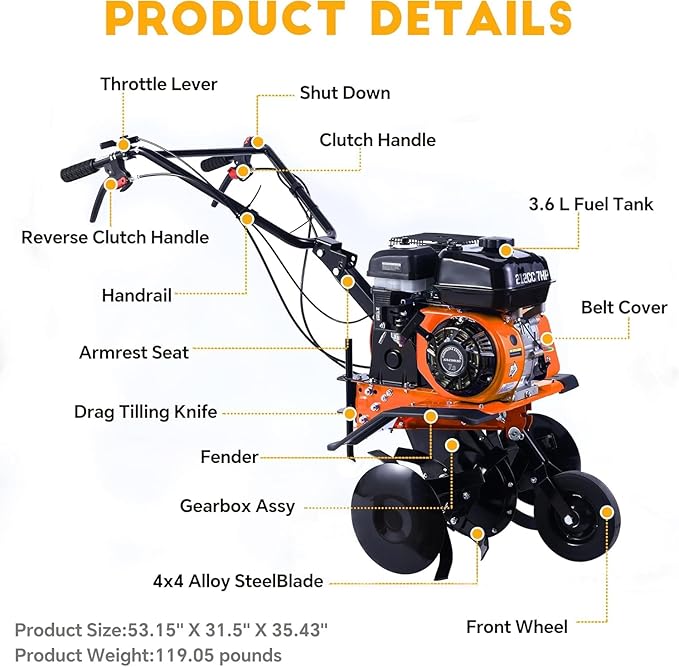 212cc 4-Cycle 7HP Gas Powered Tiller Cultivator - 22" Heavy-Duty Steel Tines Rototiller, Adjustable Wheels and Handle, Forward/Reverse for Plowing, Tilling, Weeding in Garden, Farm (Light Orange)