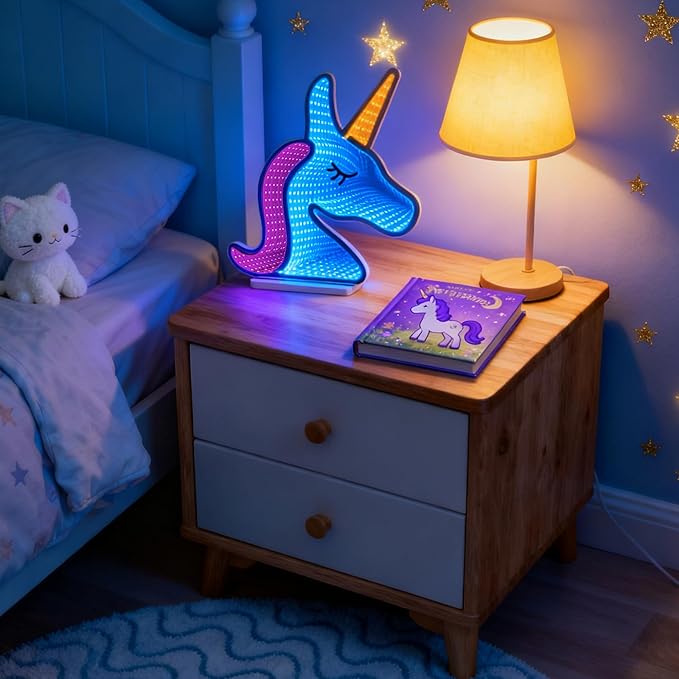 3D Unicorn Infinity Mirror Light, LED Infinity Mirror Night Light with Magical Endless Effect, USB Powered 3D LED Lights for Girls Bedroom & Kids Playroom, Gift for Kids Teens, 12"x11.9"