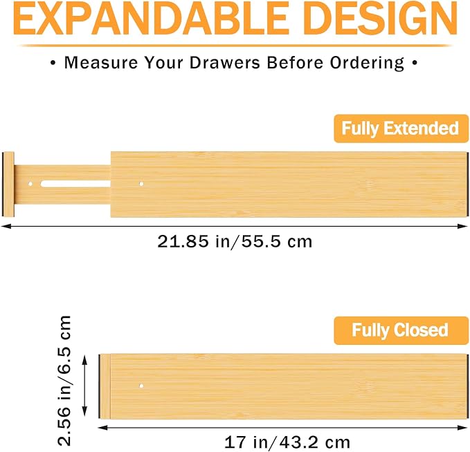 Bamboo Drawer Dividers Organizers, 2.56" High, 17"-21.8" Adjustable, 4 Pack