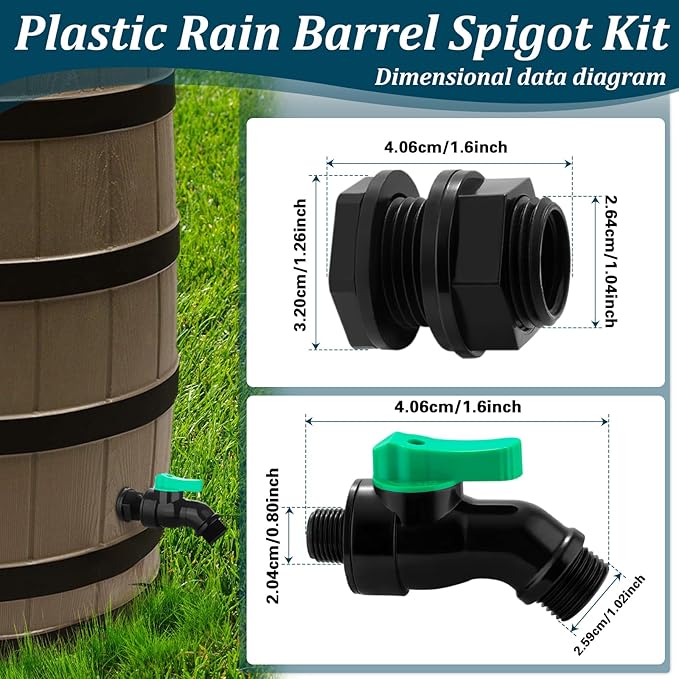Plastics Rain Barrel Spigot Kit High Flow Valve Core Water Tank Faucet+PVC Bulkhead Fitting 1/2" NPT to 3/4" GHT Rain Barrel Spigot for Plastic Bucket Rainwater Drum Container Downspout Collector in