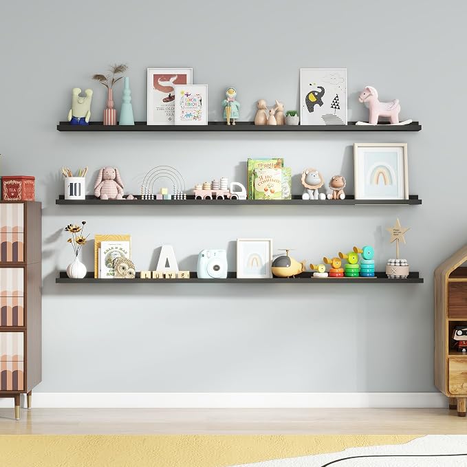 Axeman Picture Ledge Shelf, 72 Inch Black Floating Shelves Set of 3