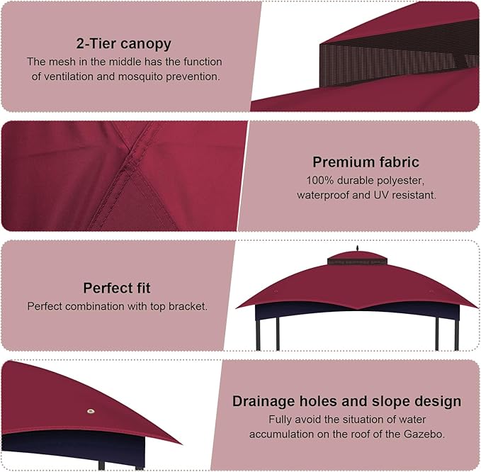 10x12 Replacement Gazebo Canopy Top Cover, Double Tiered Waterproof Canopy Roof for Lowe's Allen Roth Gazebo #GF-12S004B-1(Red)