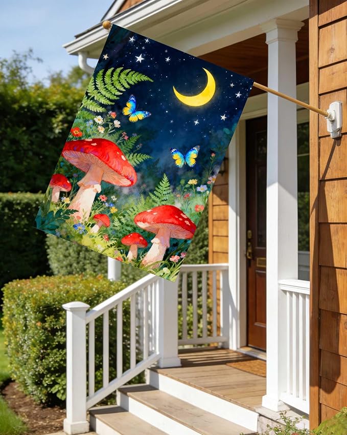 Fantasy Forest Night Fairy Moon Star Mushroom Butterfly Flowers House Flag 28" x 40" Double Sided Polyester Welcome Large Yard Garden Flag Banners for Patio Lawn Home Outdoor Decor