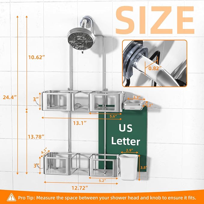 Shower Caddy Haging for Handheld Showerhead, Over Head Shower Caddy,Silver | Rustproof,Soap Dish,Hooks,Toothbrush Holder, Anti-Swing Adhesive Strip &Suction Cup, Holds Razor,Sponge,Soap,Toothbrush