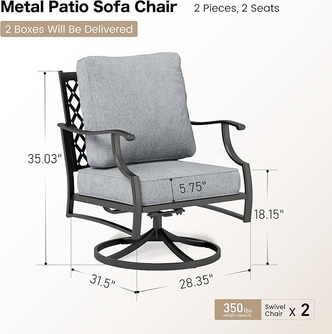 SUNSHINE VALLEY Metal Outdoor Swivel Patio Chairs Set of 2 with 5.75" Extra Thick Cushion, 2 Piece High Back Swivel Rocker Patio Chairs Outdoor Furniture Seating for Deck Balcony Front Porch, Gray
