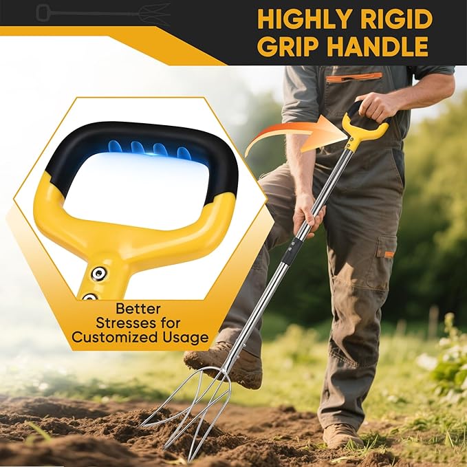 AugFir Pitchfork for Gardening, 48.5" Extendable Stainless Steel Garden Pitchfork with Handle, Suitable for Digging, Fertilizing, Transplanting, Multifunctional Garden Fork - 3 Tines