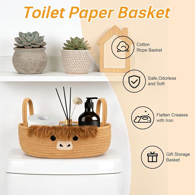 Toilet Highland Cute Cow Paper Basket–Oval Woven Bathroom Organizer