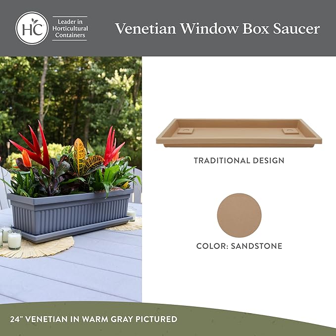 The HC Companies 29.5 Inch Venetian Rectangular Plant Saucer, Lightweight UV-Resistant Plastic Outdoor & Indoor Flower Pot Tray, 2-Pack Plant Pot Trays for Garden & Home Decor, Sandstone