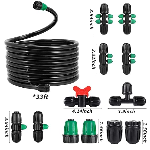 Anti Drop 1/2 Irrigation Tubing PVC Drip Irrigation Tubing 33FT(10M)(ID:13mmOD:16mm) for Garden Bed Main Line with Locked Barbed 6-Way 4-Way 3-Way&Tee End Plug 1/2" to 1/4" Irrigation Tubing Fittings