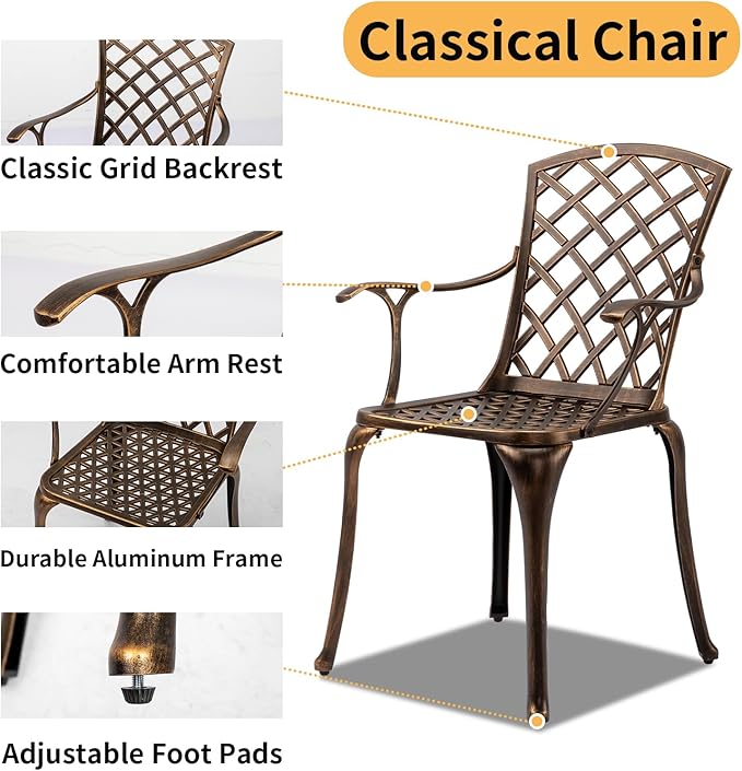 VINGLI Outdoor Dining Chairs Set of 4 Aluminum Patio Chairs, Cast Aluminum Patio Furniture Aluminum Outdoor Chairs for Backyard, Poolside, Balcony Bronze (4, Grid Back Without Cushion)