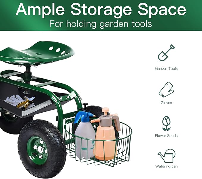 Giantex Rolling Garden Cart with Seat, 4-Wheel Gardening Workseat with Storage Basket, Swivel Stool Adjustable Seat, Steering Handle, Garden Utility Cart, Steel Frame (Green)