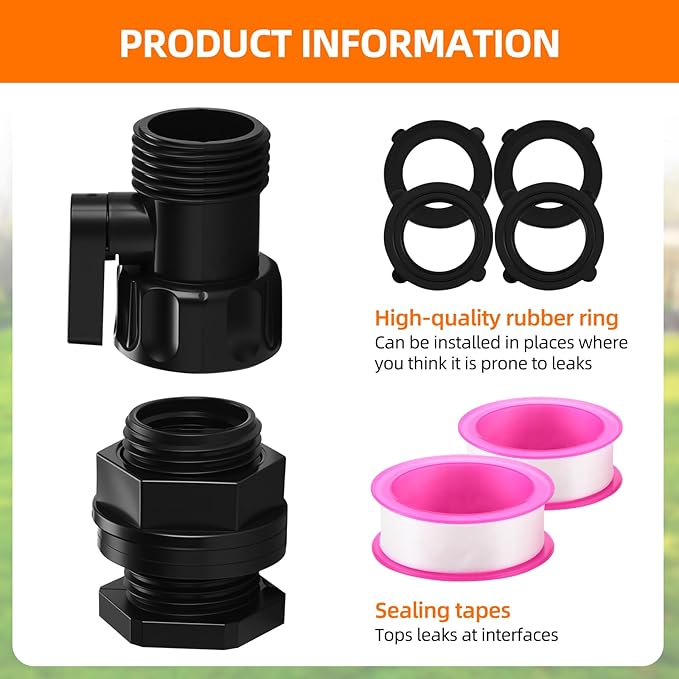 3/4 Inch Rain Barrel Spigot Kit with 3/4 Inch Shut Off Valve & Bulkhead Fitting, Plastic Garden Hose Faucet Adapter for Rain Barrels Aquariums Water Tanks Tubs Pools Spigot（4 Pack ）