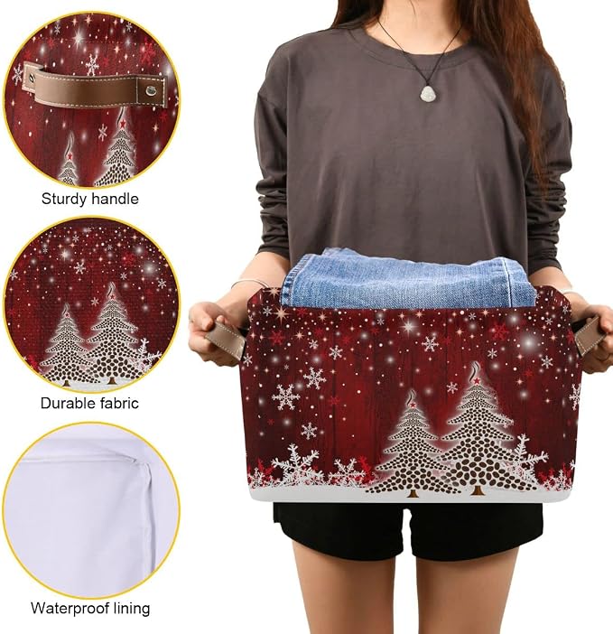 Christmas Tree Red Storage Basket Fabric Laundry Baskets Winter Snowflake Snowman Xmas Storage Boxes Organizer Bag for Baby Cloth Dog Toy Book Storage Cubes Shelf Closet Bins 16×12×8 Inches