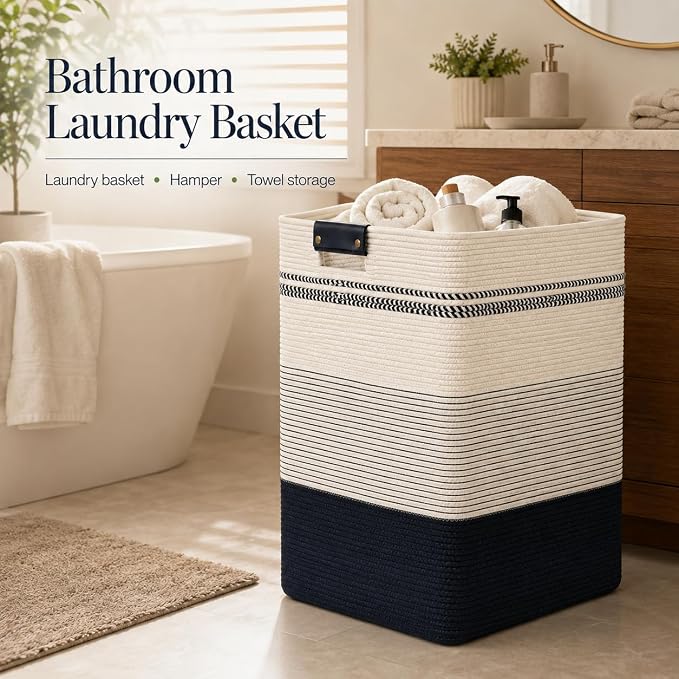 Laundry Hamper, Cotton Rope Laundry Basket with Leather Handles, 25.1-Gallon/95 L Large Clothes Hampers for Laundry, Woven Laundry Baskets for Blankets, Clothing, Bedroom, Living Room, Nursery