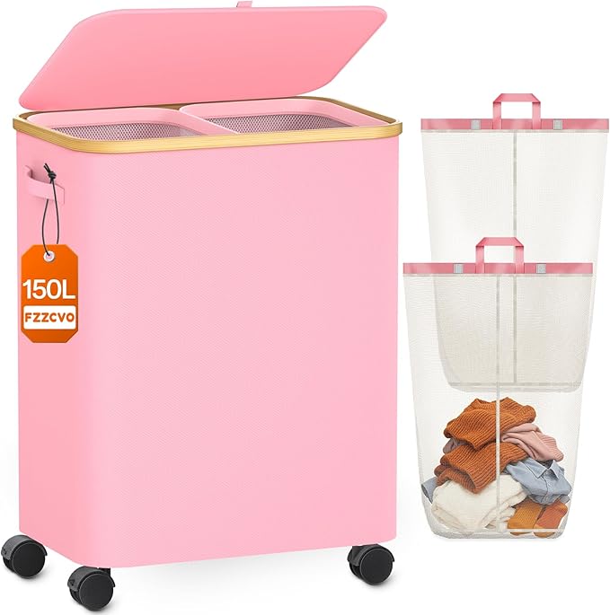 Double Laundry Basket with Wheels and Lid, 150L Clothes Hampers for Laundry