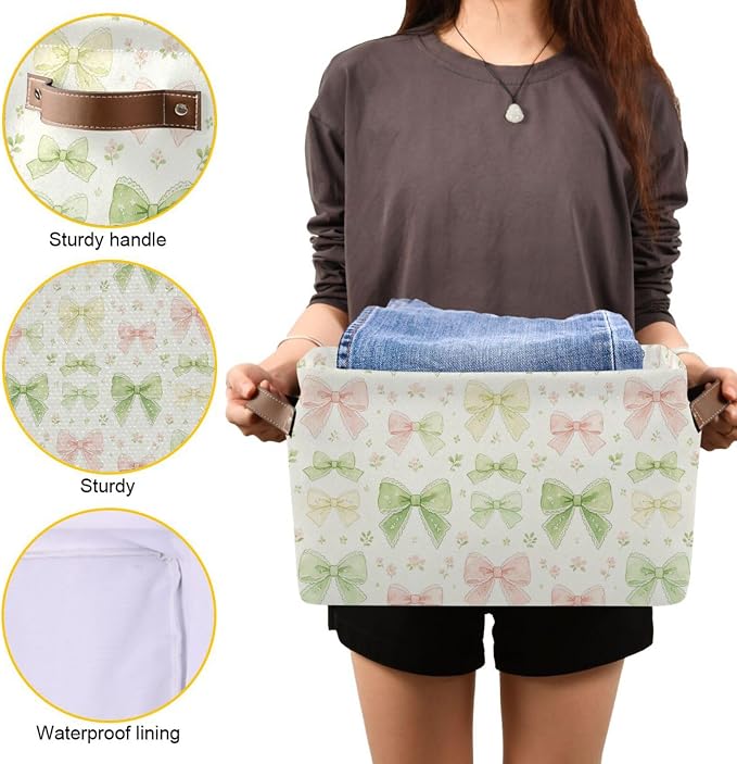 Sweet Coquette Mint Bow Background Canvas Storage Basket Fabric Storage Bin Collapsible Canvas Basket Organizers and Storage Containers for Bedroom Nursery Toys Clothes