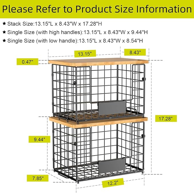 2-Pack Stackable Wire Baskets with 2 Pads & Bamboo Top, Pantry Organizer