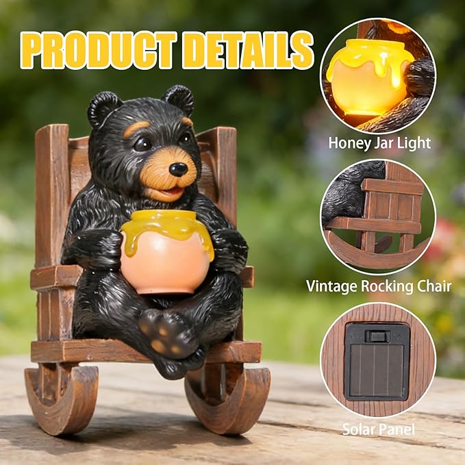 Sheaifun Solar Garden Statues Black Bear Decor Resin Bear Statues Outdoor with Solar Light Animal Figurine for Outside Yard Lawn and Patio Decorations Gardening Gifts for Women 3.5 * 5.5 * 6.25 Inch