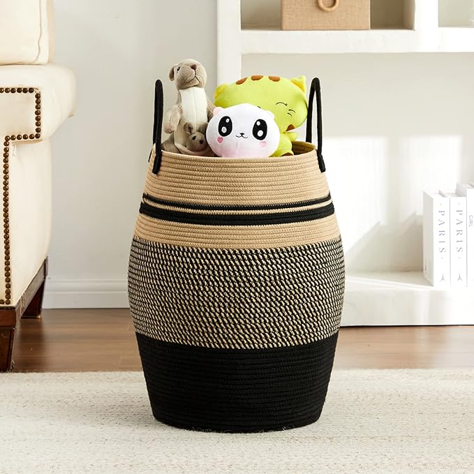 Large Laundry Hamper Basket 65L Woven Blanket Basket, Brown & Black